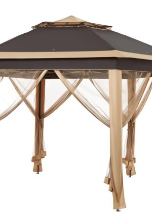 13x13 Pop up Gazebo, Hexagonal Outdoor Canopy Shelter, Instant Patio Gazebo Sun Shade Canopy Tent with Double Tiers & Mesh Netting for Lawn, Garden, Backyard & Deck, Khaki/Brown