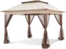 11x11 Pop Up Instant Gazebo Tent with Mosquito Netting Outdoor Canopy Shelter with 121 Square Feet of Shade (Beige)