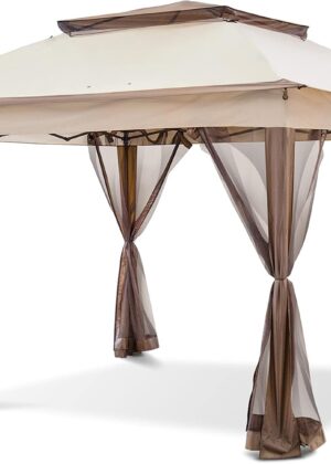 11x11 Pop Up Instant Gazebo Tent with Mosquito Netting Outdoor Canopy Shelter with 121 Square Feet of Shade (Beige)