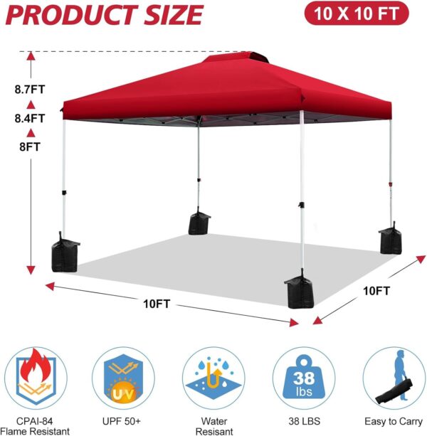 10x10 pop up Canopy Tent, One-Button Push Setup, Adjustable Height pop up Gazebo, Instant Portable Shelter, 4 Weight Bags, Sun Shade for Events & Camping, Silver Coated Top,Red - Image 2