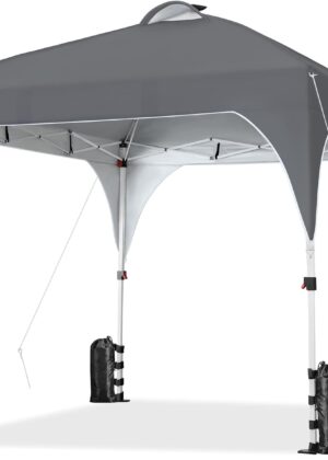 10x10 Pop-Up Canopy Tent with 17 Solar LED Lights & Top Vent, Portable Outdoor Canopy Easy Setup Sun Shade Canopy Adjustable Tent with Wheeled Bag, 12 Stakes, 4 Sandbags & 4 Ropes, Dark Gray