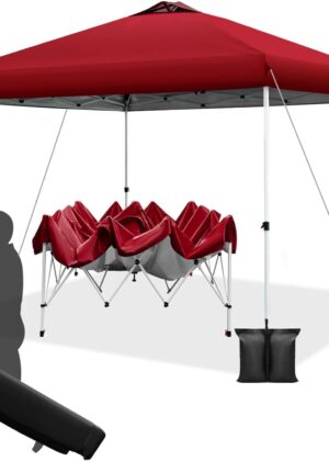 10x10 pop up Canopy Tent, One-Button Push Setup, Adjustable Height pop up Gazebo, Instant Portable Shelter, 4 Weight Bags, Sun Shade for Events & Camping, Silver Coated Top,Red