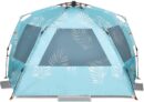 Instant Shader Enhanced (Prints) Deluxe XL Beach Tent 4-6 Person Popup Sun Shelter 99" Wide for Family UPF 50+ Double Silver Coated with Extended Zippered Porch Palm Tree Leaves