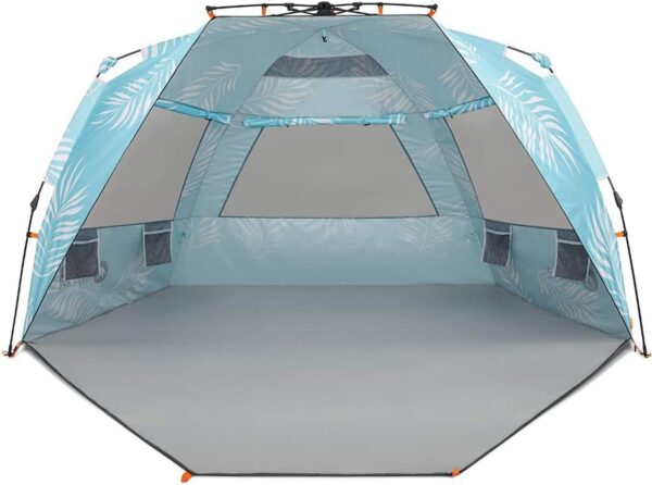 Instant Shader Enhanced (Prints) Deluxe XL Beach Tent 4-6 Person Popup Sun Shelter 99" Wide for Family UPF 50+ Double Silver Coated with Extended Zippered Porch Palm Tree Leaves