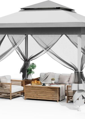 Pop Up Gazebo Tent, Outdoor Instant Canopy, Easy Set-up Folding Shelter with Netting, Metal Frame, Screened House Shade Vented for Patio, Lawn, Party, Backyard, Garden (Grey, 11FT×11FT)