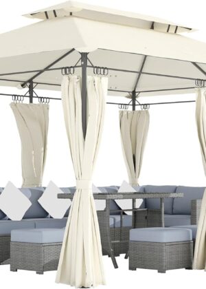 10' x 13' Patio Gazebo, Double Roof Outdoor Gazebo Canopy Shelter with Curtains, Solid Metal Frame for Garden, Lawn, Backyard and Deck, Cream White