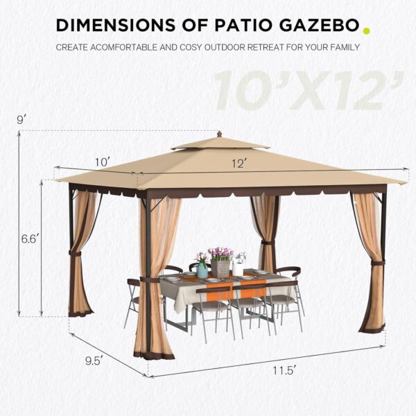 10x12 Gazebo with Mosquito Netting,Sturdy Metal Outdoor Patio Gazebo[Heavy Duty Frame],Gazebos Canopy Tent with Dual Air Roof,Patio Canopy Gazebos,All-Weather/Wind Resistant for Deck Yard - Image 2
