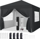 12x12 Pop Up Canopy with 4 Removable Sidewalls, Portable Enclosed Instant Tent, Waterproof Outdoor Tent, Beach Sun Shelter with 4 Sandbags, 12 Stakes & 4 Ropes, Black