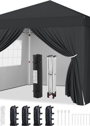 12x12 Pop Up Canopy with 4 Removable Sidewalls, Portable Enclosed Instant Tent, Waterproof Outdoor Tent, Beach Sun Shelter with 4 Sandbags, 12 Stakes & 4 Ropes, Black