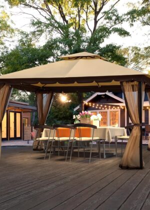 10x12 Gazebo with Mosquito Netting,Sturdy Metal Outdoor Patio Gazebo[Heavy Duty Frame],Gazebos Canopy Tent with Dual Air Roof,Patio Canopy Gazebos,All-Weather/Wind Resistant for Deck Yard