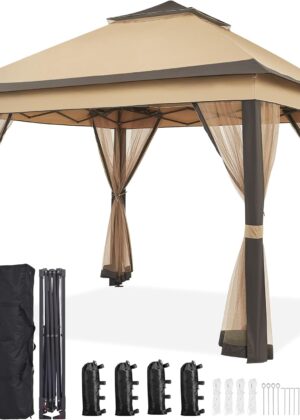 11x11 Pop Up Gazebo Outdoor Canopy Shelter, Instant Patio Gazebo Sun Shade Canopy Tent with 4 Sandbags, Double Tiers & Mesh Netting for Lawn, Garden, Backyard & Deck, Khaki