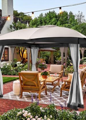 10x12 Gazebo, Double Vent Canopy Gazebo for Outdoor with Privacy Netting, Easy Setup Patio Pavilion with Steel Frame Strong Legs for Lawn, Backyard, Deck (Ash Grey)