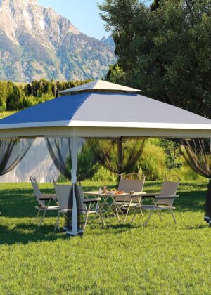 13 X 13FT Pop Up Gazebo, Canopy Tent, Gazebos on Clearance,Patio Folding Canopy with Mosquito Netting - Backyard Tent for Party, Wedding, Outdoor Dining, Patio, Backyard(Navy Blue+Hemp Grey)